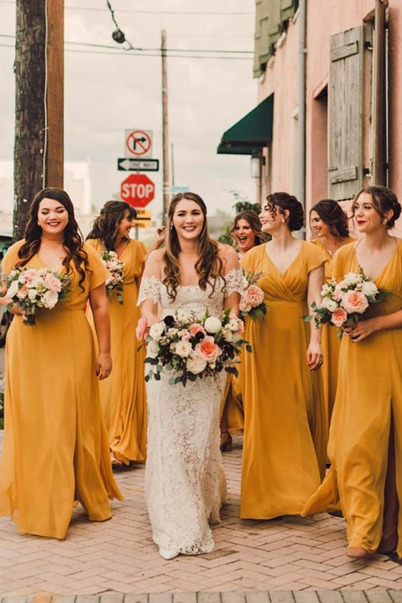 Short Sleeves A-line Long Mustard Yellow Bridesmaid Dresses