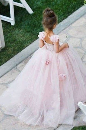 3D Flowers Princess Pink Tulle Flower Girl Dress