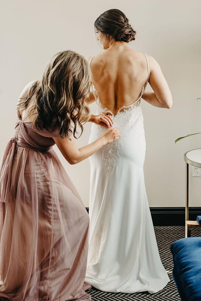 Open Back Mermaid Long White Chiffon Bridal Dress with Lace