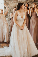Deep V Neck Long Ivroy Wedding Dress with Lace