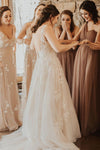Deep V Neck Long Ivroy Wedding Dress with Lace