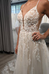A-line Straps Long White Tulle Bridal Dress with Lace