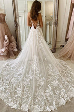 A-line Straps Long White Tulle Bridal Dress with Lace
