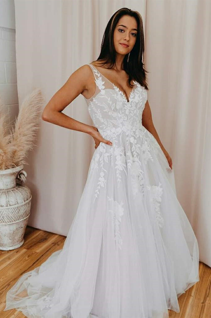 V Back Long White Wedding Dress with Lace