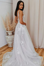 V Back Long White Wedding Dress with Lace
