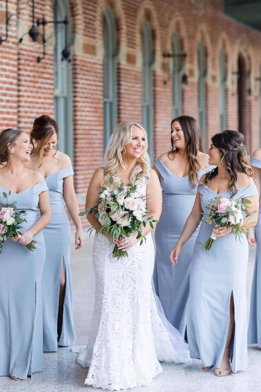 Mermaid Off Shoulder Dusty Blue Bridesmaid Dresses with Slit