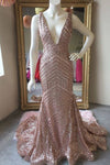 Deep V-Neck Mermaid Rose Gold Sequins Long Prom Dress