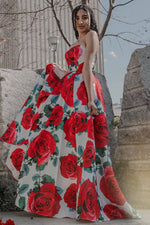 Elegant Strapless Floral Prom Dress with Pockets