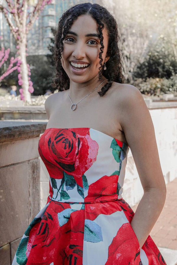 Elegant Strapless Floral Prom Dress with Pockets