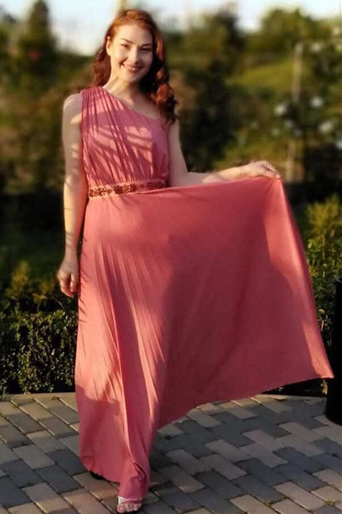 One Shoulder Sheath Red Long Bridesmaid Dress