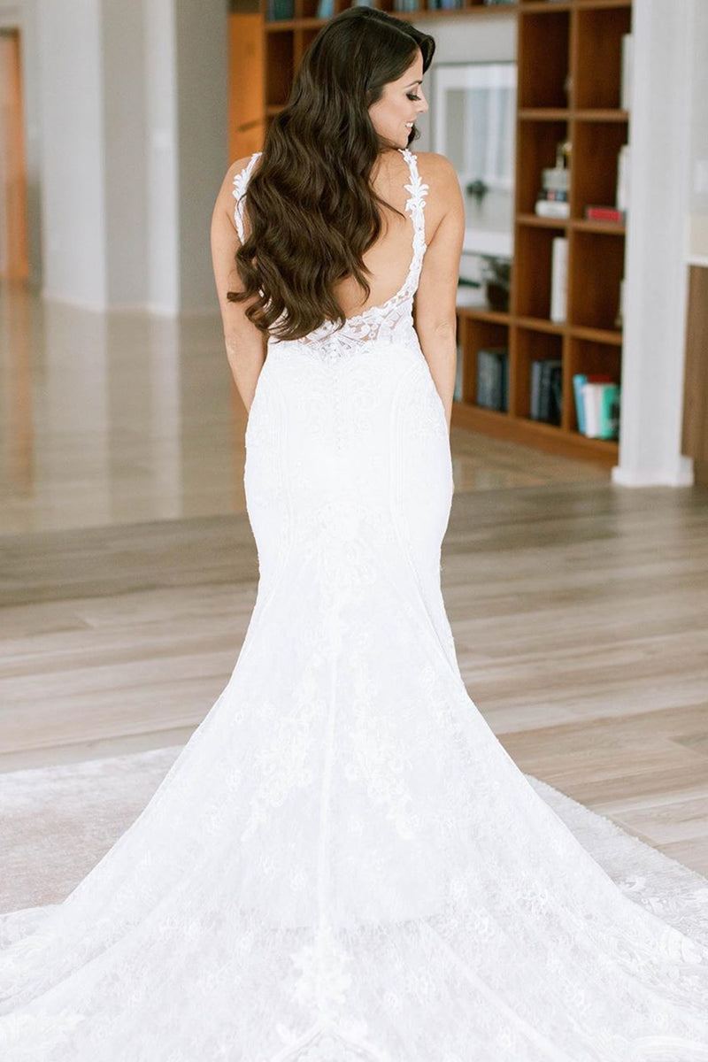Mermaid Long Open Back White Lace Wedding Dress