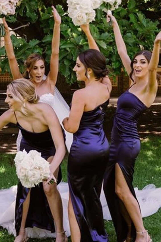 knee length dresses for ladies Mermaid One Strap Dark Purple Long Bridesmaid Dress with Slit – FancyVestido