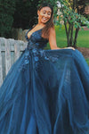 Sexy V-Neck Long Navy Blue Prom Dress with Appliques