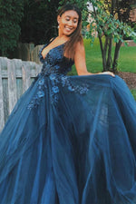 Sexy V-Neck Long Navy Blue Prom Dress with Appliques