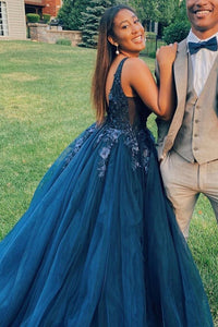 my date is wearing a navy blue dress Sexy V-Neck Long Navy Blue Prom Dress with Appliques