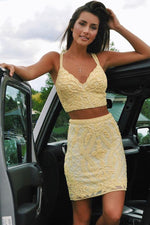 Two Piece Straps Short Yellow Lace Homecoming Dress