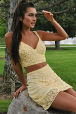 Two Piece Straps Short Yellow Lace Homecoming Dress