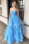Sweetheart Blue Tulle Long Prom Dress with Ruffles