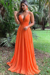 Sexy V-Neck Pleated Long Orange Prom Dress