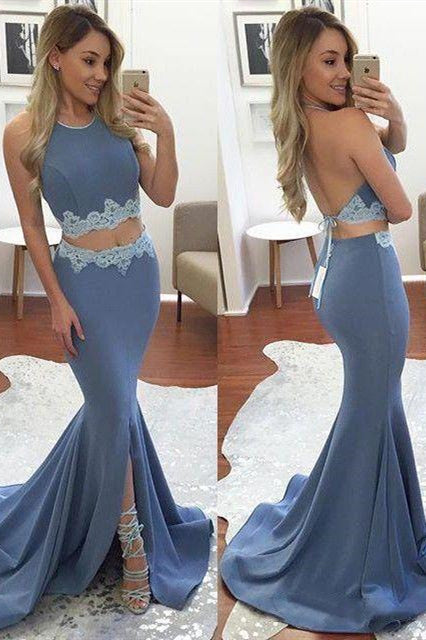 Two Piece Halter Mermaid Dusty Blue Prom Dress with Slit