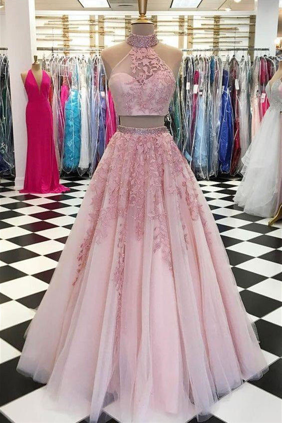 Two Piece High Neck Pink Long Prom Dress with Lace FancyVestido Two Piece High Neck Pink Long Prom Dress with Lace FancyVestido