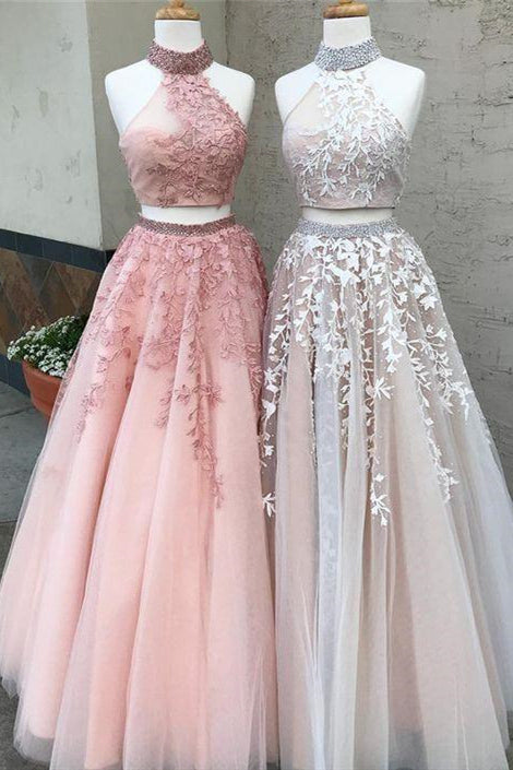 Two Piece High Neck Pink Long Prom Dress with Lace FancyVestido Two Piece High Neck Pink Long Prom Dress with Lace FancyVestido