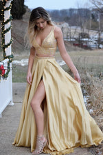 Two Piece V-Neck Long Gold Prom Dress with Slit