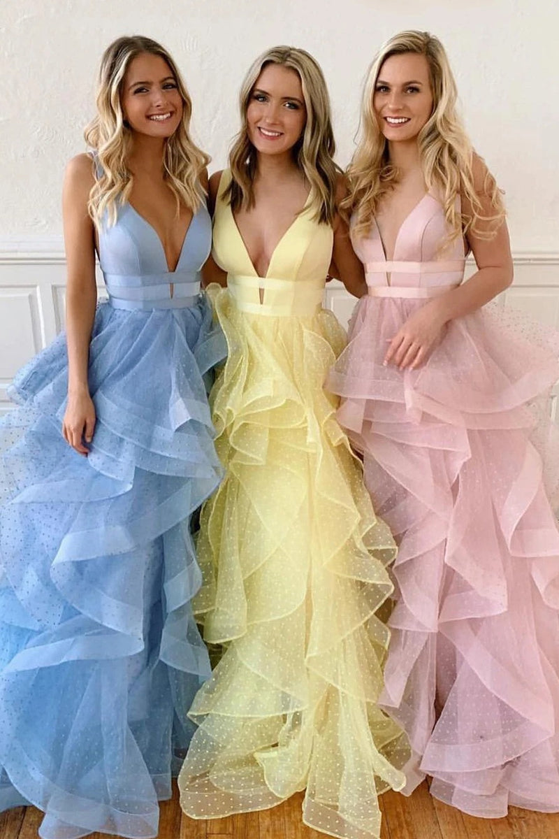Plunging Neck A-line Cascading Ruffles Long Yellow Prom Dress