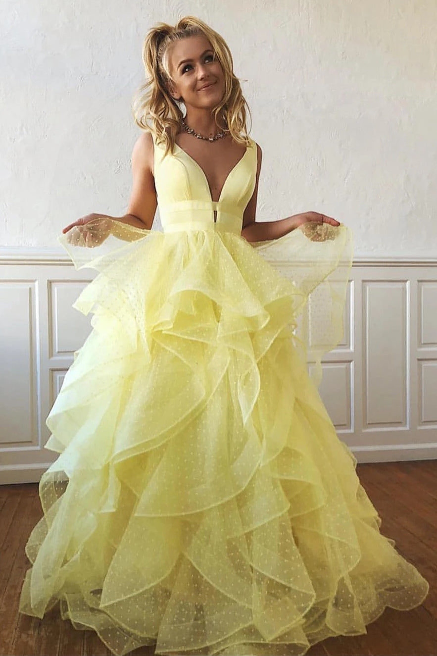 Plunging Neck A-line Cascading Ruffles Long Yellow Prom Dress FancyVestido Plunging Neck A-line Cascading Ruffles Long Yellow Prom Dress FancyVestido