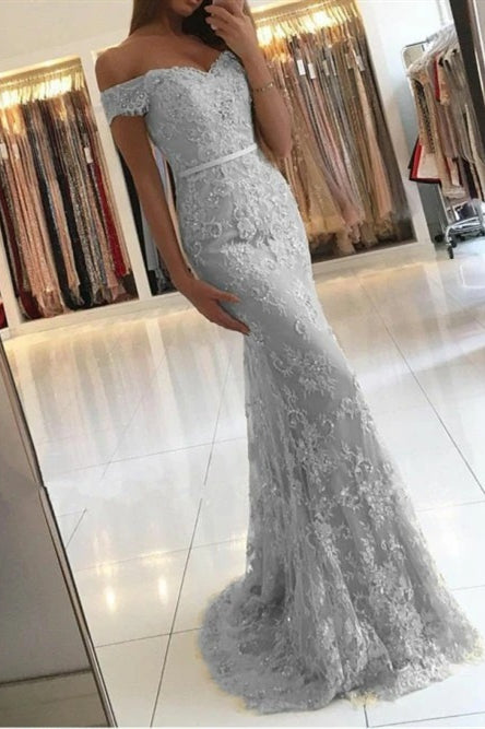 Mermaid Off the Shoulder Long Grey Prom Dress with Lace