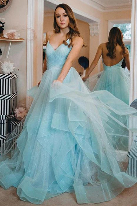 Glittery Sky Blue V-Neck Layered Tulle A-Line Evening Gown