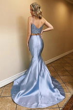 Two Piece Mermaid Long Dusty Blue Prom Dress