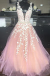 A-line Lace Appliques V-Neck Blush Pink Long Prom Dress
