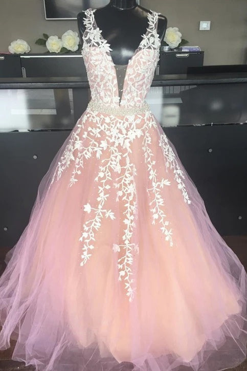 A-line Lace Appliques V-Neck Blush Pink Long Prom Dress FancyVestido A-line Lace Appliques V-Neck Blush Pink Long Prom Dress FancyVestido