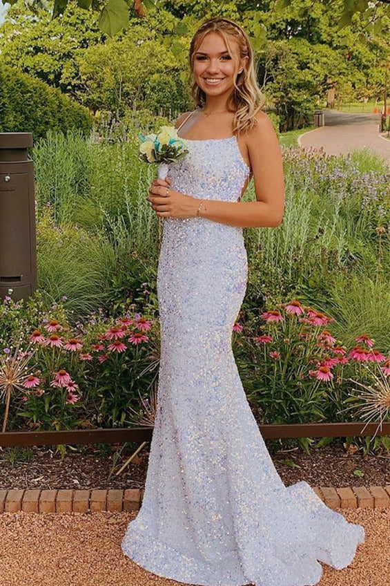 Glittering Lace-Up Mermaid White Long Prom Dress – FancyVestido