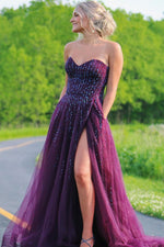 Sweetheart A-line Plum Long Prom Dress with Slit