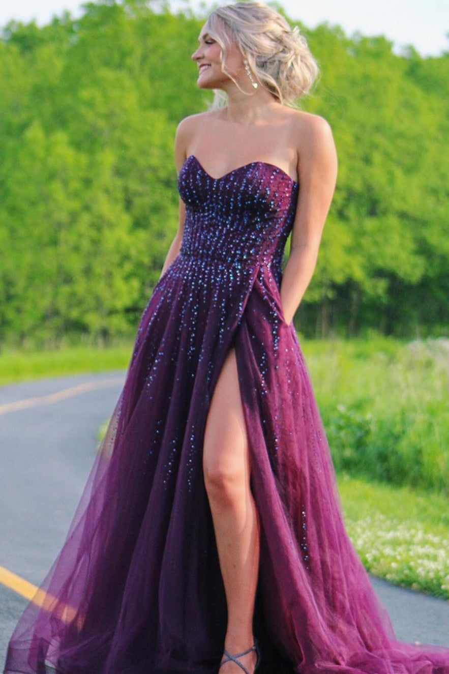 Sweetheart A-line Plum Long Prom Dress with Slit FancyVestido Sweetheart A-line Plum Long Prom Dress with Slit FancyVestido