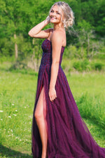 Sweetheart A-line Plum Long Prom Dress with Slit