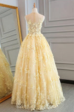 Elegant A-line Long Gold Lace Prom Dress