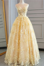 Elegant A-line Long Gold Lace Prom Dress