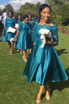 Tea-Length Half Sleeves Dark Turquoise Bridesmaid Dress
