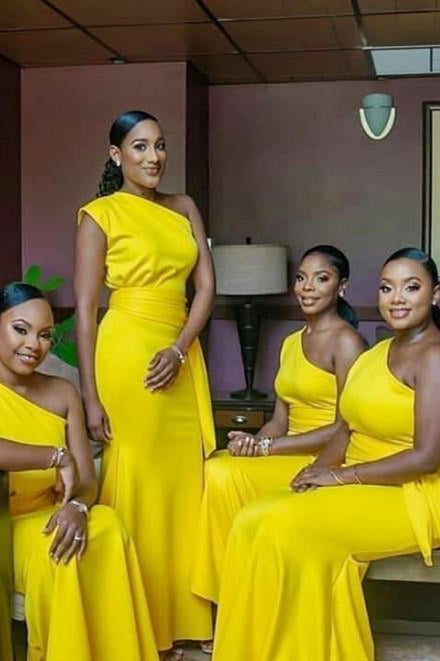 Mermaid One Shoulder Long Yellow Bridesmaid Dress with Sash FancyVestido Mermaid One Shoulder Long Yellow Bridesmaid Dress with Sash FancyVestido