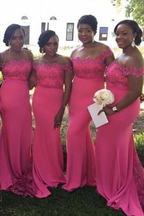 Off the Shoulder Mermaid Hot Pink Bridesmaid Dress with Lace – FancyVestido