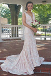V-Neck Mermaid Long Peach Prom Dress with White Lace