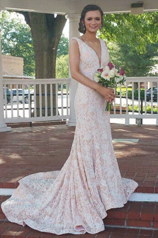 V-Neck Mermaid Long Peach Prom Dress with White Lace FancyVestido V-Neck Mermaid Long Peach Prom Dress with White Lace FancyVestido