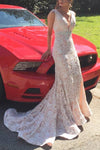 V-Neck Mermaid Long Peach Prom Dress with White Lace