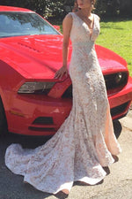 V-Neck Mermaid Long Peach Prom Dress with White Lace