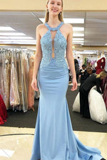 Open Back Mermaid Sky Blue Long Prom Dress