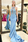 Open Back Mermaid Sky Blue Long Prom Dress