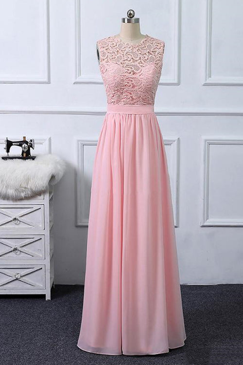 A-line Lace Bodice Long Pink Bridesmaid Dress
